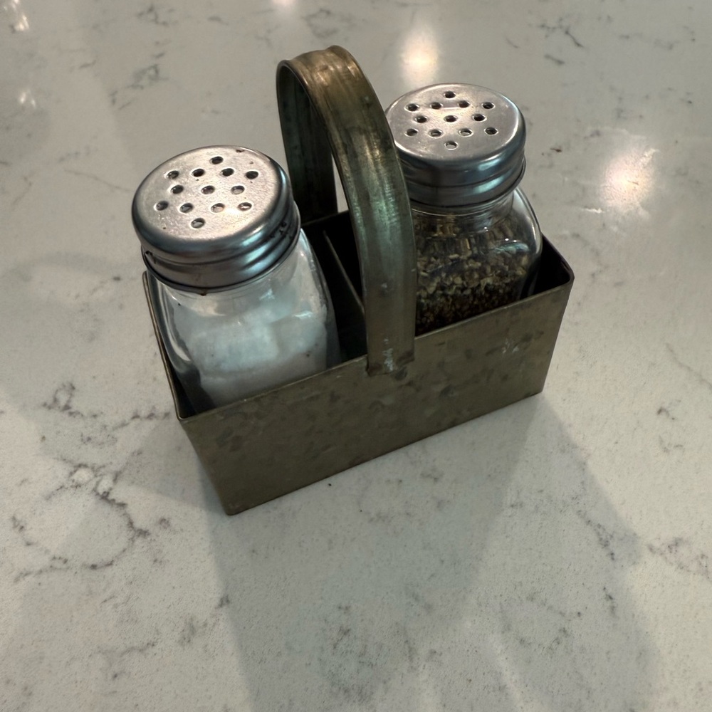 Galvanized PotteryBarn salt & pepper shaker caddy